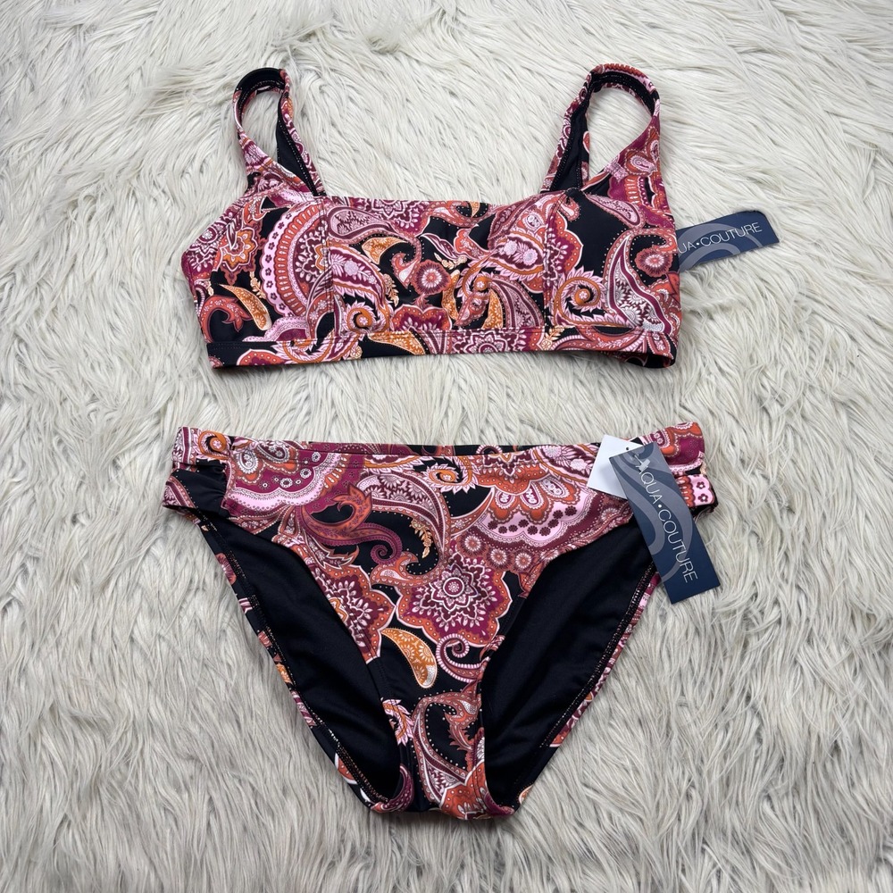 NWT Aqua Couture Women's L Pink Paisley Bikini Swimsuit Metallic Detail Resort